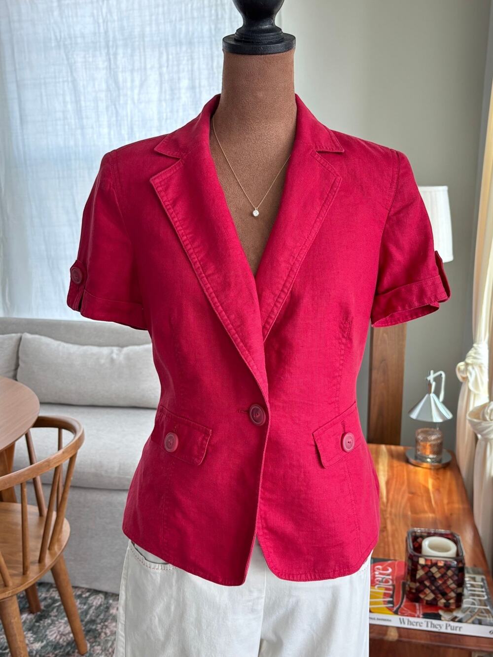 Y2K Vintage Style & Co Petite Red 100% Linen Short Sleeve Button Jacket Size 8P